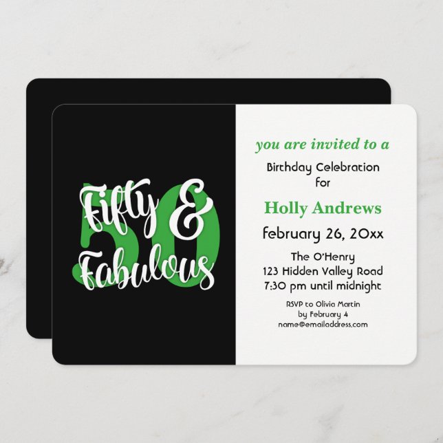 Fifty & Fabulous Green Typography Birthday Party Invitation (Front/Back)
