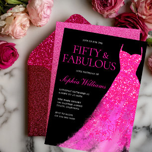 Fifty & Fabulous!! Hot Pink Dress 50th Birthday Invitation