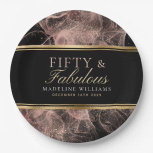 Fifty & Fabulous Name Black Gold Dusty Rose Black Paper Plate