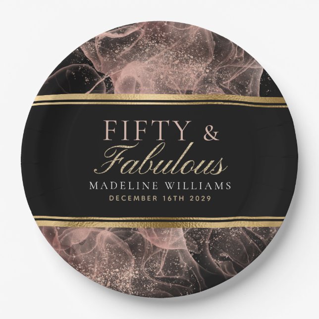 Fifty & Fabulous Name Black Gold Dusty Rose Black Paper Plate (Front)