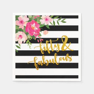 Fifty & Fabulous Napkin - Black/White Stripes