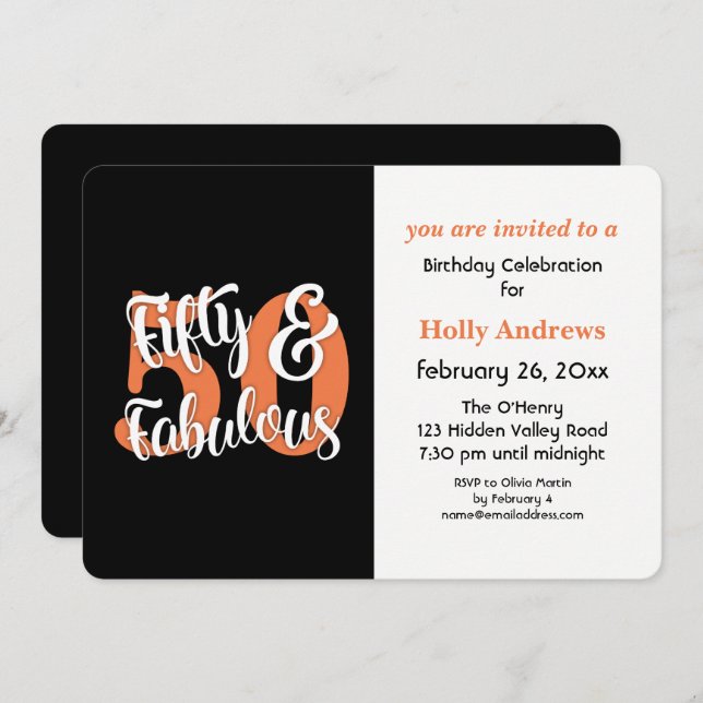 Fifty & Fabulous Orange Typography Birthday Party Invitation (Front/Back)