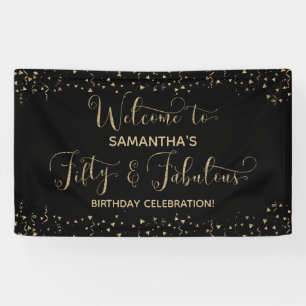 Fifty & Fabulous Party Welcome Gold and Black 2 Banner