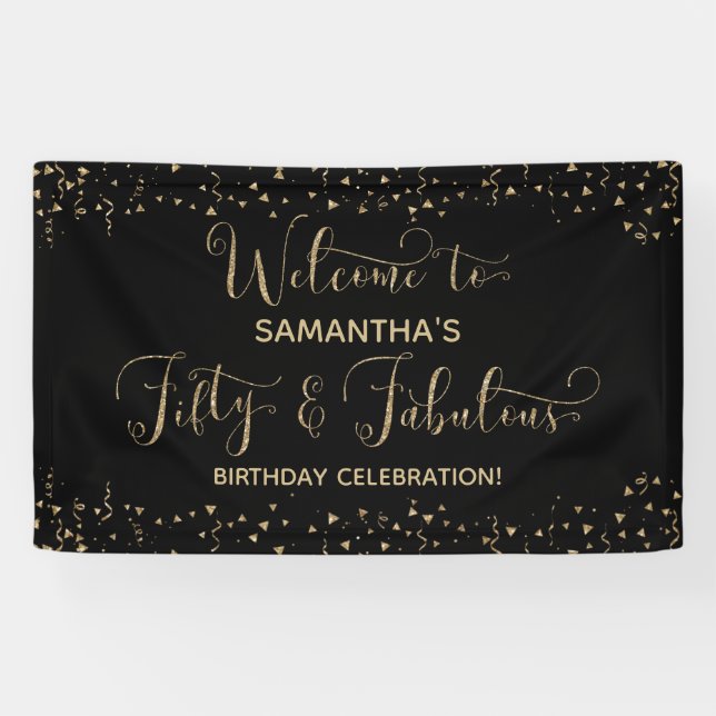 Fifty & Fabulous Party Welcome Gold and Black 2 Banner (Horizontal)