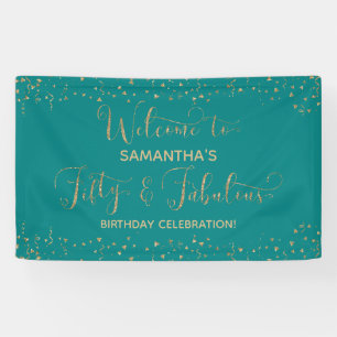 Fifty & Fabulous Party Welcome Gold and Teal 2 Banner
