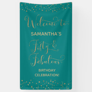 Fifty & Fabulous Party Welcome Gold and Teal 2 Banner