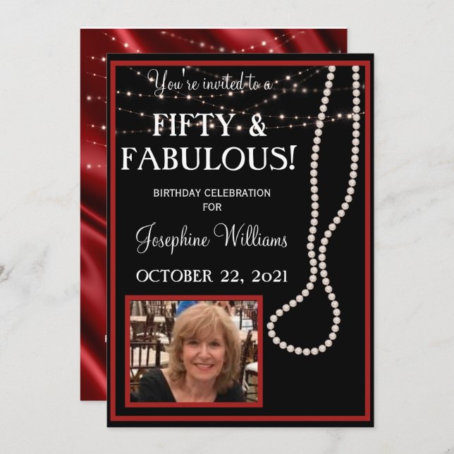 Fifty & Fabulous Photo Red and Black Pearls Party  Invitation (Front/Back)