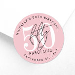 Fifty Fabulous Pink 50th Birthday Party Classic Round Sticker<br><div class="desc">Celebrate in style with this modern round sticker design, perfect for a “Fifty and Fabulous” birthday celebration or any milestone event. The centre features a large white “50” with the word “fifty” in elegant black script layered over it, and “fabulous” just below in bold black sans serif font for a...</div>