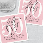 Fifty Fabulous Pink 50th Birthday Party Napkin<br><div class="desc">Celebrate in style with this modern cocktail napkin design, perfect for a “Fifty and Fabulous” birthday celebration or any milestone event. The napkin features a large white “50” across most of the space, with the word “fifty” written in elegant black script layered over it. Just below, “fabulous” appears in bold...</div>
