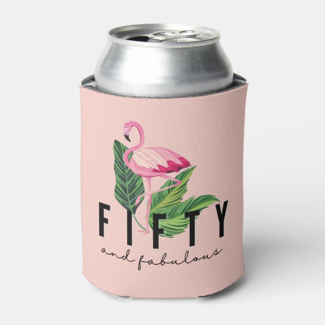 Fifty Fabulous Pink Flamingo 50th Birthday Can Cooler (Can Front)