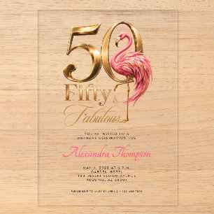 Fifty & Fabulous Pink Flamingo 50th Birthday Party Acrylic Invitations