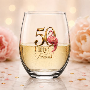 Fifty & Fabulous Pink Flamingo 50th Birthday Party Stemless Wine Glass
