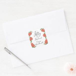 Fifty & fabulous pink floral 50th birthday party square sticker