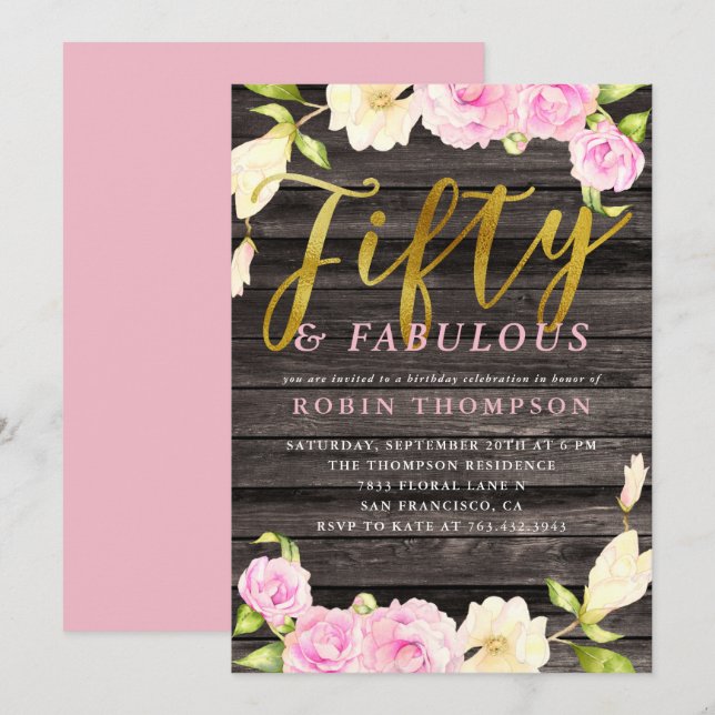 Fifty & Fabulous Pink Floral Birthday Party Invitation (Front/Back)