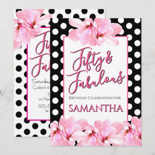 Fifty & Fabulous Pink Floral Black Birthday Invitation