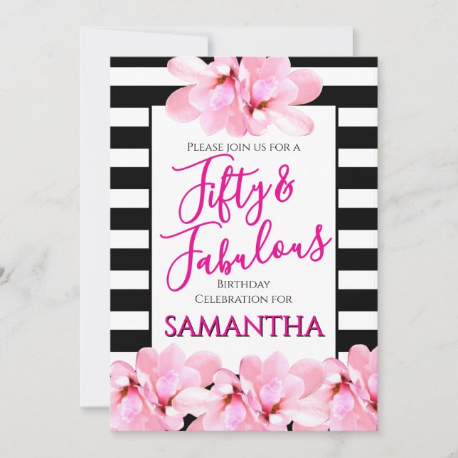 Fifty & Fabulous Pink Floral Black Stripe Birthday Invitation (Front)
