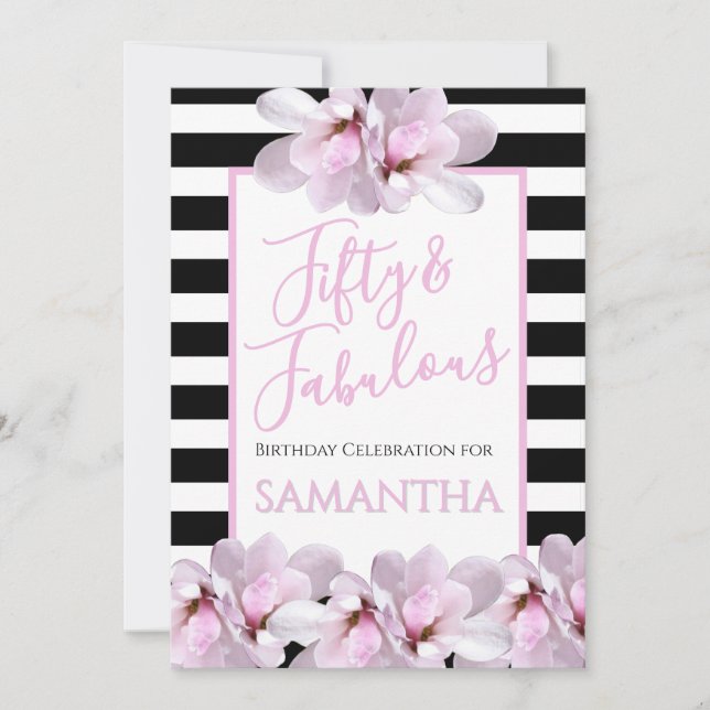 Fifty & Fabulous Pink Floral Black Stripe Birthday Invitation (Front)
