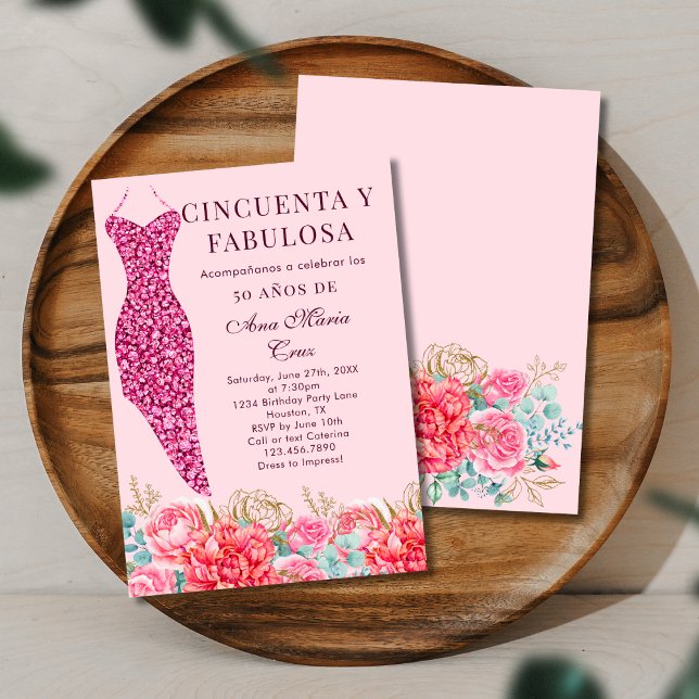 Fifty & Fabulous Pink Floral Spanish 50th Birthday Invitation (Creator Uploaded)