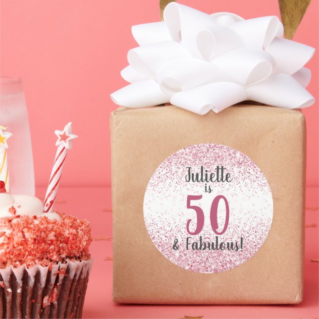 Fifty & Fabulous Pink Glitter Confetti Birthday Classic Round Sticker (Party)