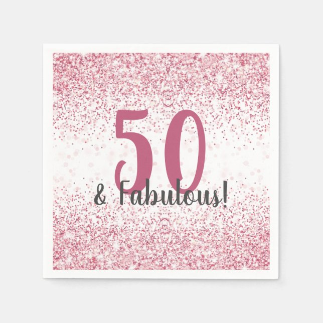Fifty & Fabulous Pink Glitter Confetti Birthday Napkin (Front)