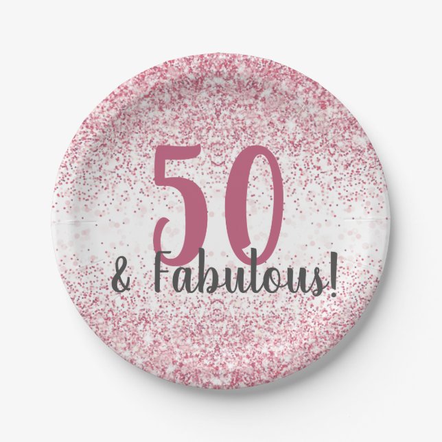 Fifty & Fabulous Pink Glitter Confetti Birthday Paper Plate (Front)