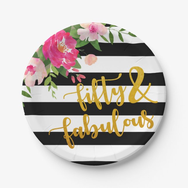 Fifty & Fabulous Plate - Floral with Black & White (Front)