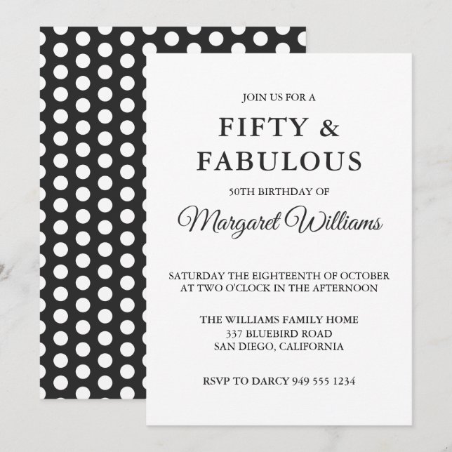 Fifty & Fabulous Polka Dots Black White Trendy Invitation (Front/Back)