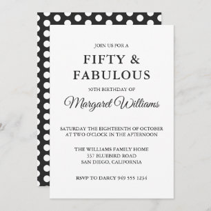 Fifty & Fabulous Polka Dots Black White Trendy Invitation