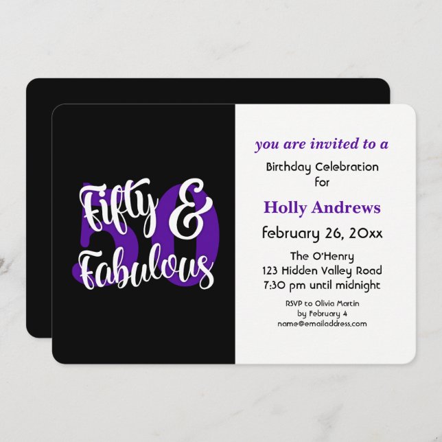 Fifty & Fabulous Purple Typography Birthday Party Invitation (Front/Back)