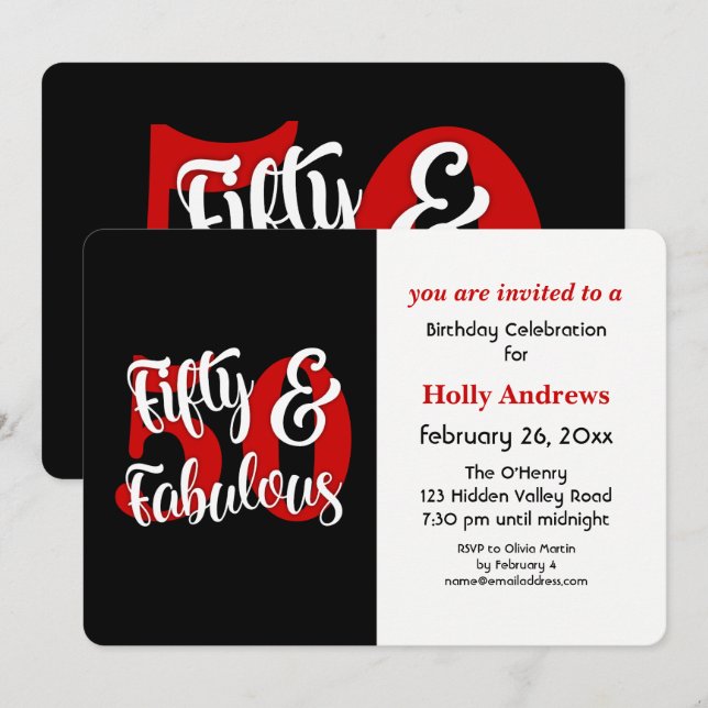 Fifty & Fabulous Red Typography Birthday Party Invitation (Front/Back)