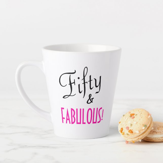 Fifty & FABULOUS Retro Black & Pink 50th Birthday Latte Mug (In Situ)
