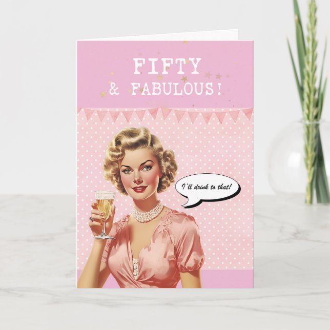 Fifty & fabulous retro pink birthday card (Front)