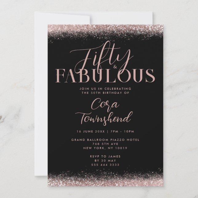 Fifty & Fabulous Rose Gold Glitter 50th Birthday Invitation (Front)
