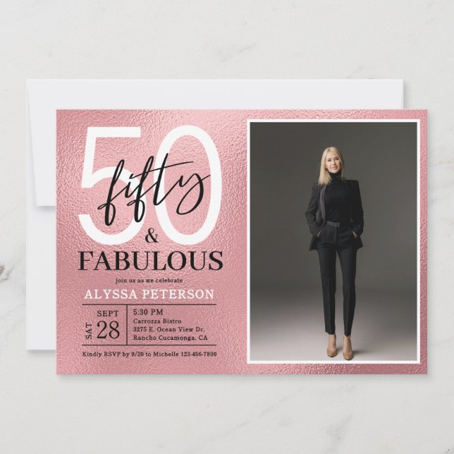 Fifty & Fabulous Rose Gold Script Photo Birthday Invitation (Front)