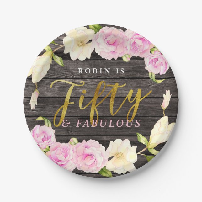 Fifty & Fabulous Rustic Floral Birthday Party Paper Plate (Front)