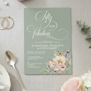 Fifty & Fabulous Sage Green Floral  Birthday Invitation