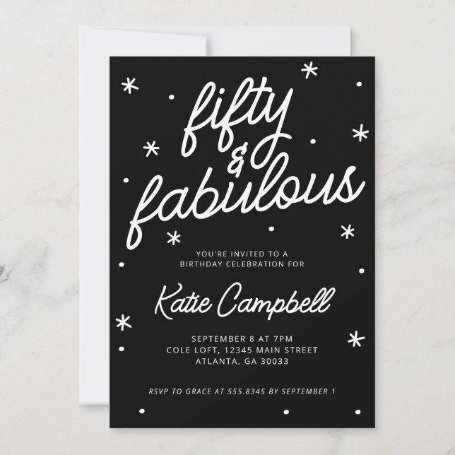 Fifty Fabulous Script Black White 50th Birthday Invitation (Front)