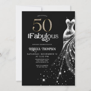 Fifty Fabulous Silver Dress Black 50th Birthday Invitation