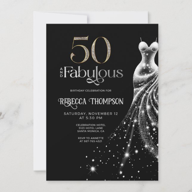 Fifty Fabulous Silver Dress Black 50th Birthday Invitation (Front)