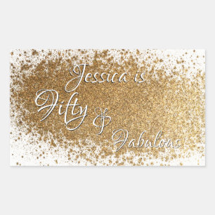 Fifty & Fabulous Splattered Faux Gold Foil w/ Name Rectangular Sticker
