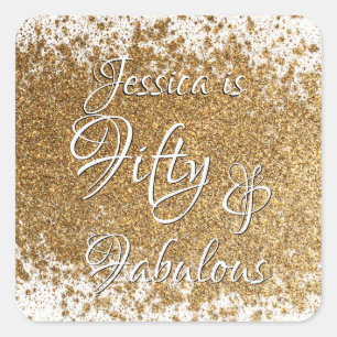 Fifty & Fabulous Splattered Faux Gold Foil w/ Name Square Sticker