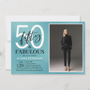 Fifty & Fabulous Teal Script 50th Birthday Photo Invitation
