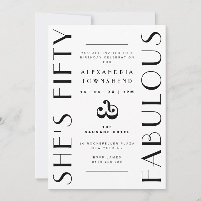 Fifty & Fabulous White Art Deco 50th Birthday Invitation (Front)