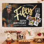 Fifty gold 50th Birthday photos on black Banner<br><div class="desc">Fifty gold script text one large photo and 7 instant snap style photos party banner. Personalise this 50th birthday party banner with your own birthday girl or boys name and 8 photos. Other years and matching items are available and can be created by request. © Original design by Sarah Trett...</div>