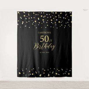 Fifty Gold & Black 50th Birthday Party Backdrop Tapestry