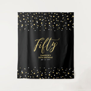Fifty Gold & Black 50th Birthday Party Backdrop Tapestry