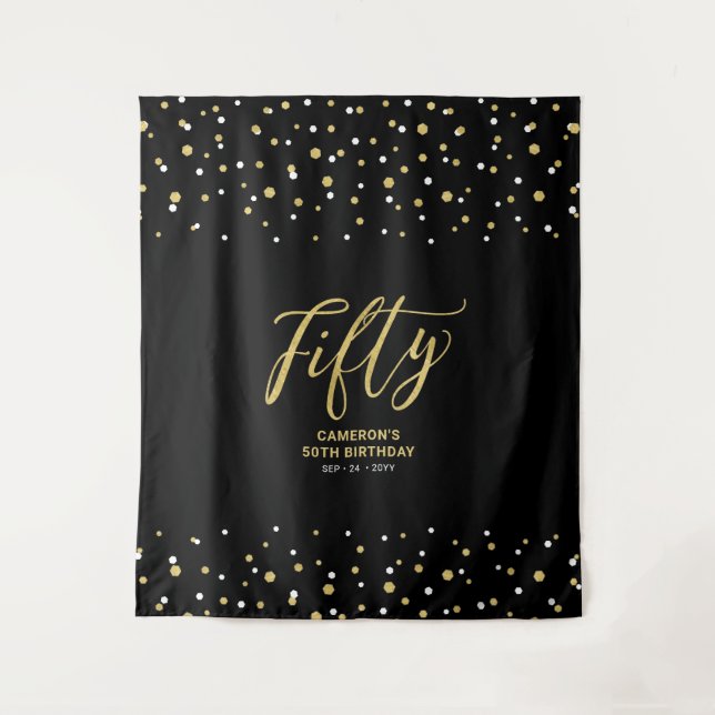 Fifty | Gold & Black 50th Birthday Party Backdrop Tapestry (Front)