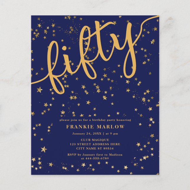 Fifty Gold Blue Modern 50th Birthday Party Invite (Front)