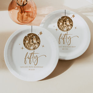 Fifty Gold Disco Ball 50th Birthday Party Paper Plate