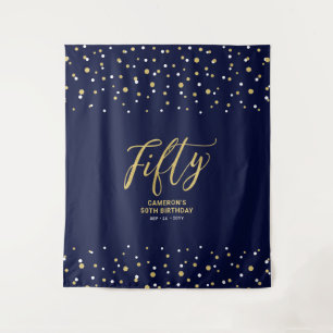 Fifty   Gold & Navy 50th Birthday Party Backdrop Tapestry